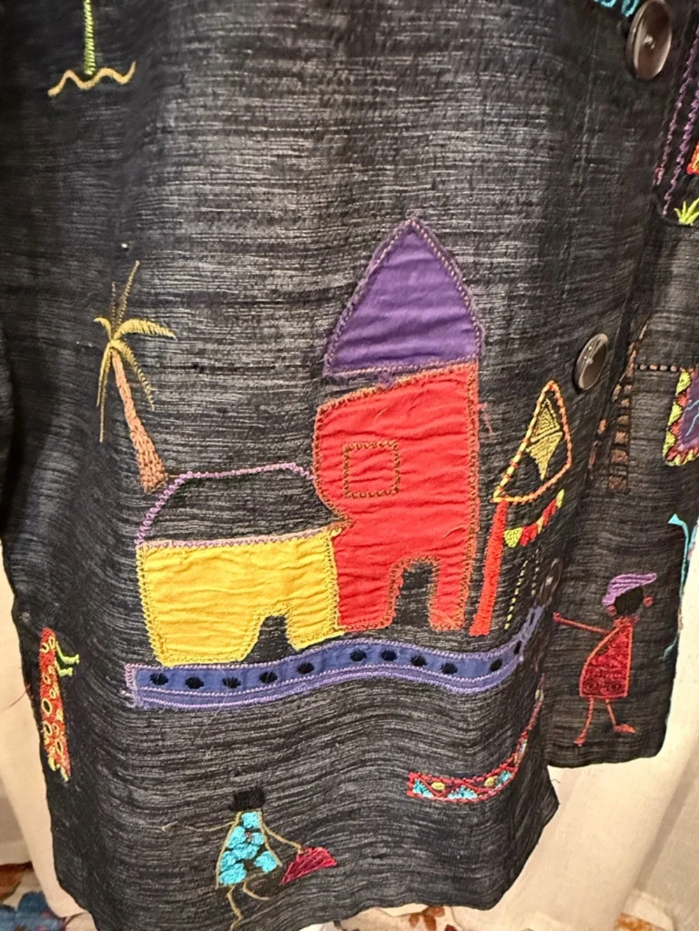 Chico’s Embroidered Art Jacket Size 0 Silk Blend Whimsical Village Button Front - Picture 5 of 14